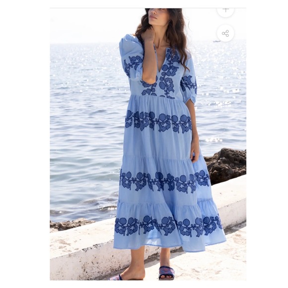Oliphant Dresses & Skirts - Oliphant Blue Embroidered Floral Applique Puff Sleeve Maxi Dress Medium